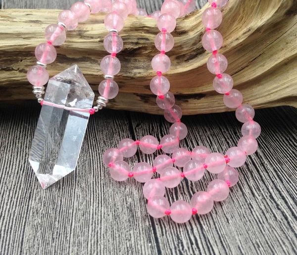 

natural clear quartz double point pendant rose pink 8mm stone beads knot necklace 30inch long necklaces, Silver