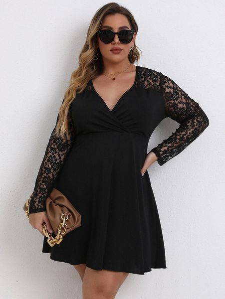 

plus contrast lace raglan sleeve dress n660#, Black