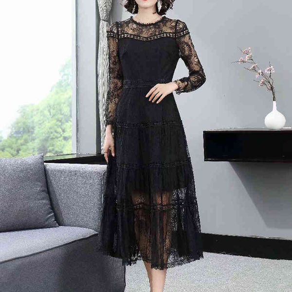 

2021-autumn style lace thin party black dress quality women's clothes, Black;gray