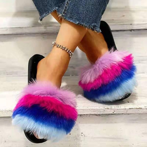 

fall/winter imitation fur ladies sandals european and american plus size rainbow one-line wool slippers, Black