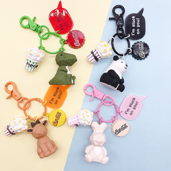 

new creative cartoon geometric faceted dinosaur panda doll keychain couple car key chain backpack hanging gift, Slivery;golden