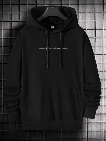 

men letter graphic kangaroo pocket drawstring hoodie m4m3#, Black