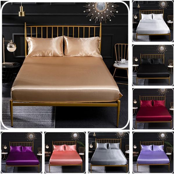 

sheets & sets satin silk fitted sheet solid soft bed with case 3pcs elastic band drap housse de matela twin queen king size red