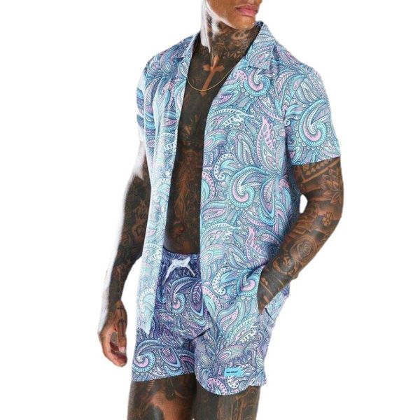 

matching outfits men's summer paisley tracksuits beach shorts 2pcs clothes set vintage printed shirt pant sets, Gray
