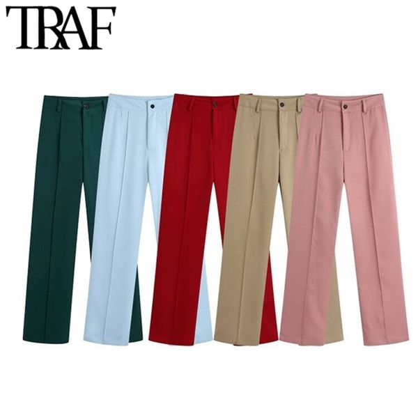 

traf women fashion office wear side pockets straight pants vintage high waist zipper fly female trousers mujer 210915, Black;white