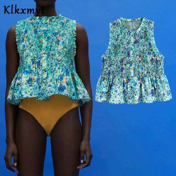 

klkxmyt za women sweet floral print elastic slim short smock blouse female sleeveless vest shirts chic hem ruffles crop 210527, White