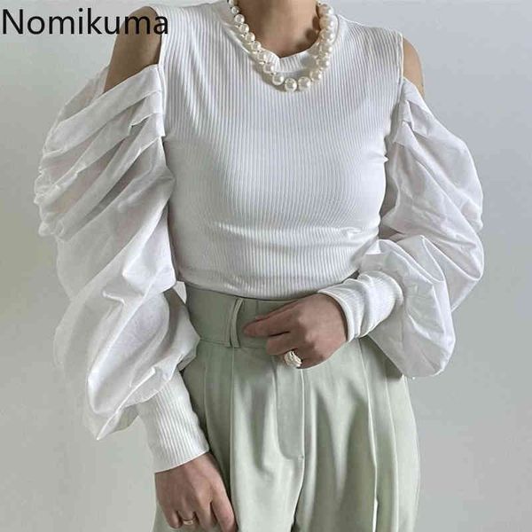 

nomikuma summer chic strapless women knitted pleated puff sleeve patchwork pullovers new korean slim knitwear 6h452 210427, White;black