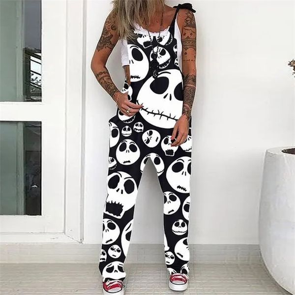 

fashion punk skull print jumpsuit streetwear spring summer sleeveless strappy overalls women casual loose pocket romper playsuit, Black;white