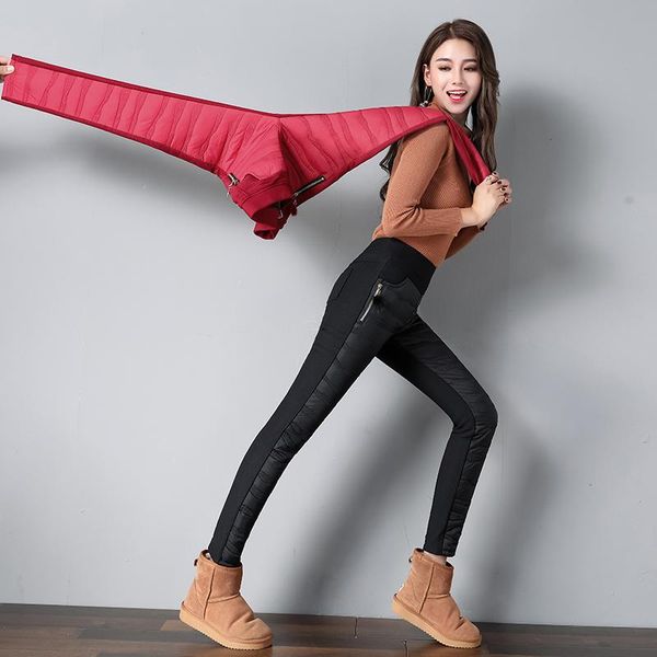 

women's pants & capris 2021 women down winter high waist long trousers casual pencil pant autumn female plus size solid slim elastic le, Black;white