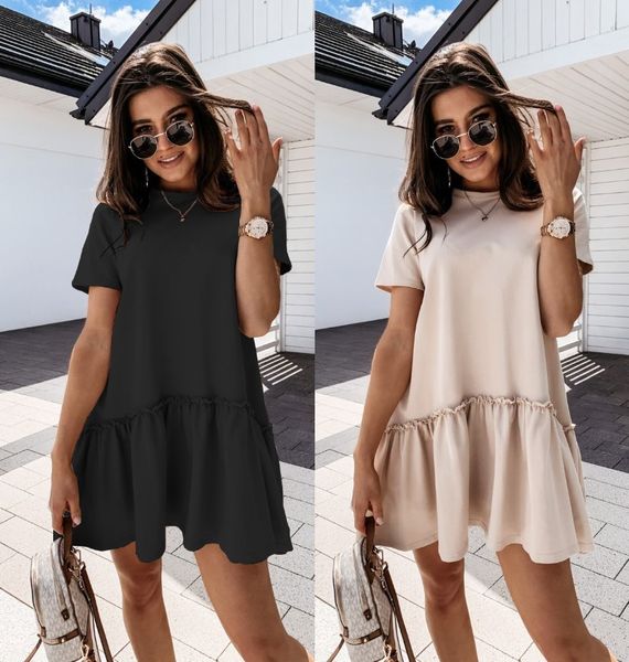 

charming dresses 2021 summer solid short sleeve home loose round ne ruffle women's wear, Black;gray