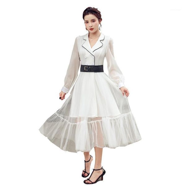

casual dresses dress suits for women long blazer jacket runway designer belt office ladies elegant pleated korean mesh, Black;gray