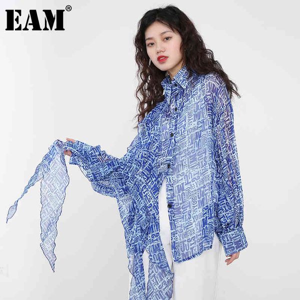 

[eam] women asymmetrical letter print big size blouse lapel long sleeve loose shirt fashion spring autumn 1dd490905 21512, White