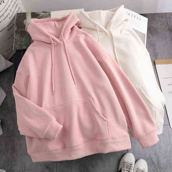 

fitaylor autumn winter women fashion solid hooded sweatshirts long sleeve pullovers oversize woollen liner warm loose, Black