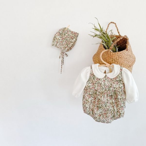 

clothing sets summer kids girls 3-pcs solid color shirts + floral bodysuit cap cute style children clothes e6073 yhcn, White