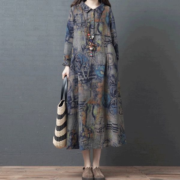

retro chinese style printed robe vintage femme women autumn winter dress 2021 vintage long loose cotton linen dresses 11842, Red