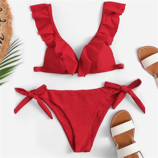 

bikini brazilian mujer summer ruffle swimwear women red white black push up pads swimsuit bandage two piece swim wear 210714