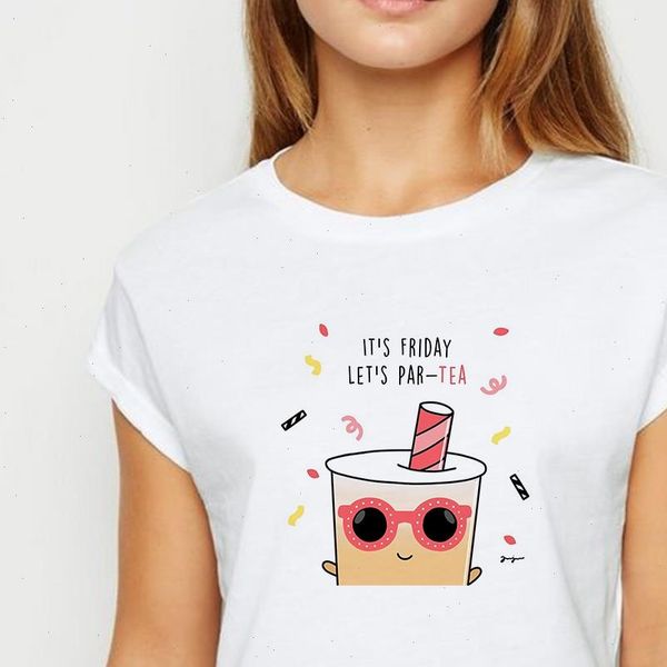 

womens t shirts shirt female tea with milk loose spring summer tee happy graphic printing design round neck, White