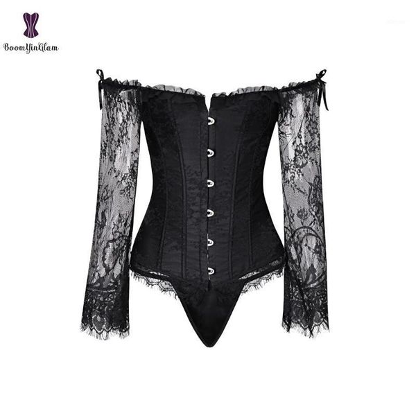

bustiers & corsets women long sleeve lace corset vintage gothic corpetes victorian boned corselet waist bustier top, Black;white
