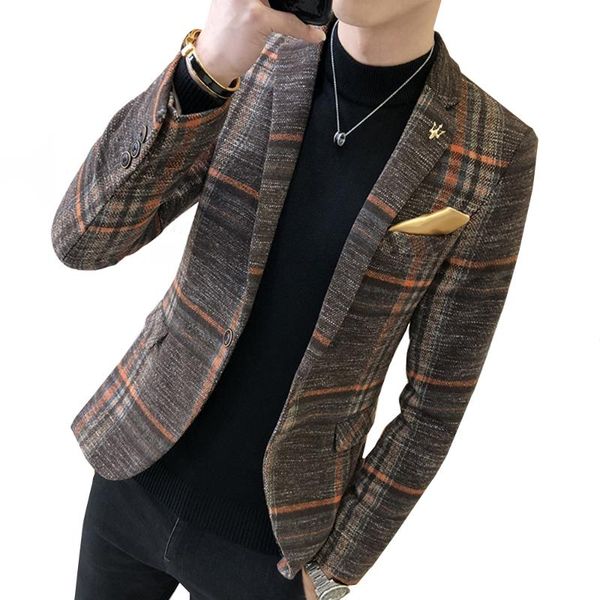 

men's suits & blazers nice fashion men casual suit jacket boutique business dress coat british style male houndstooth grid plaid, White;black