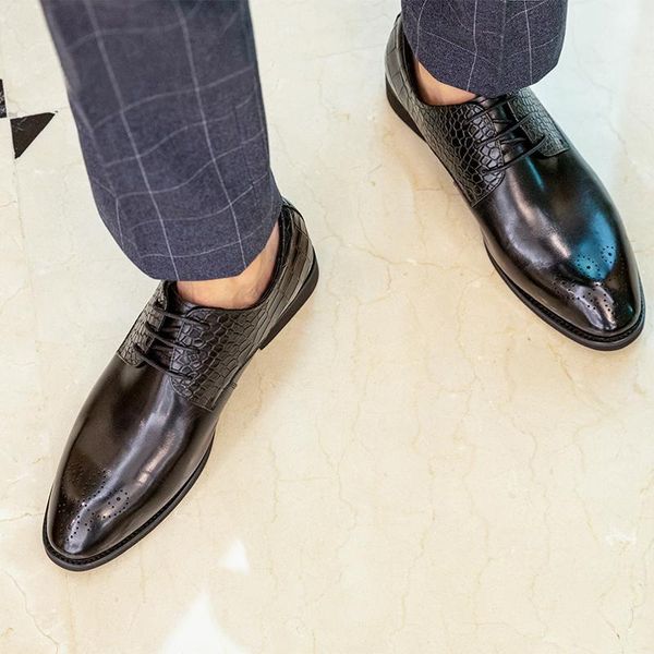 

dress shoes phenkang men genuine leather crocodile pattern formal classic pointed glossy mens wedding lace up oxford, Black