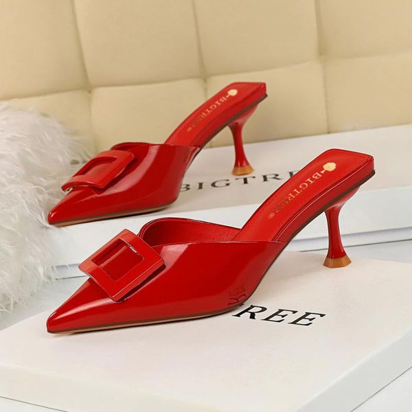 

fashion simple women's high-heeled slippers patent leather v-shaped shallow mouth pointed solid, Black