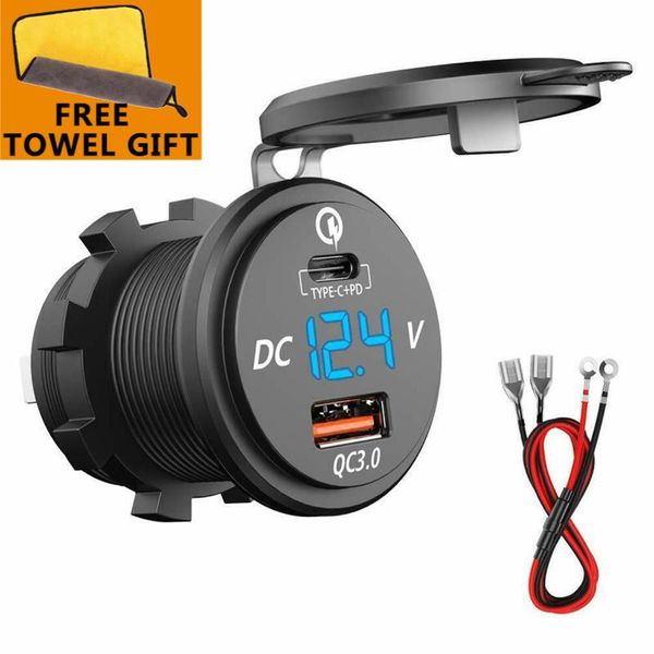 

interior decorations usb charger pd quick charge 3.0 chargers socket adapter dual with led voltmeter and cable for 12-24v car motorcycles