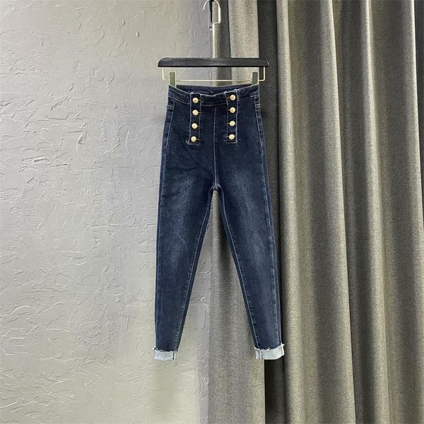 

women's jeans 2021 autumn blue denim pencil pants double-breasted fashion ankle-length jean elestic skinny for women trousers