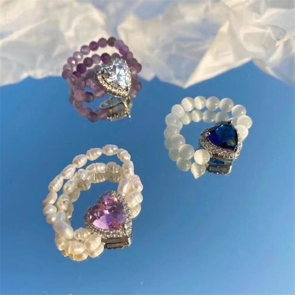 

heart shaped multicolor zircon natural pearl crystal elastic adjustable ring for women fashion aesthetic jewelry wedding rings, Slivery;golden