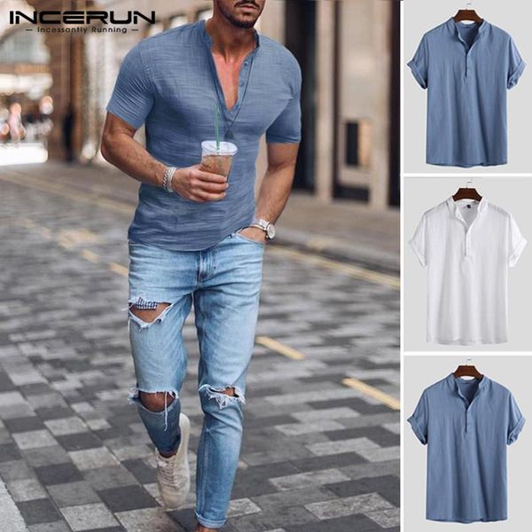 

men's casual shirts incerun fashion business men shirt cotton short sleeve slim fit henley collar social summer chic blouse camisa 2021, White;black