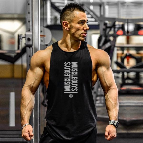

men bodybuilding tank workout fitness cotton sleeveless shirt running vest stringer singlet male summer sports clothes, White;black
