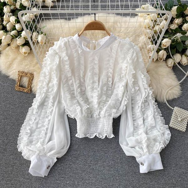 

women's blouses & shirts 2021 sweet temperament blouse female round neck puff sleeve blusa ruffled wild chiffon cropped df843, White
