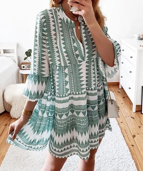 

casual dresses bohemian printed loose knee length dress elegant women summer v-neck long sleeve a-line female vestidos 3xl, Black;gray