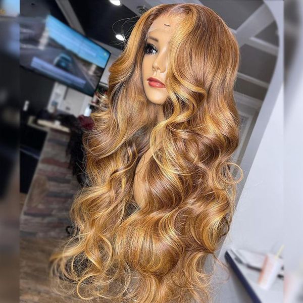 

lace wigs glueless ombre honey blonde highlight 26 inch long preplucked front human hair wig for women 5x5pu with babyhair body wave, Black;brown