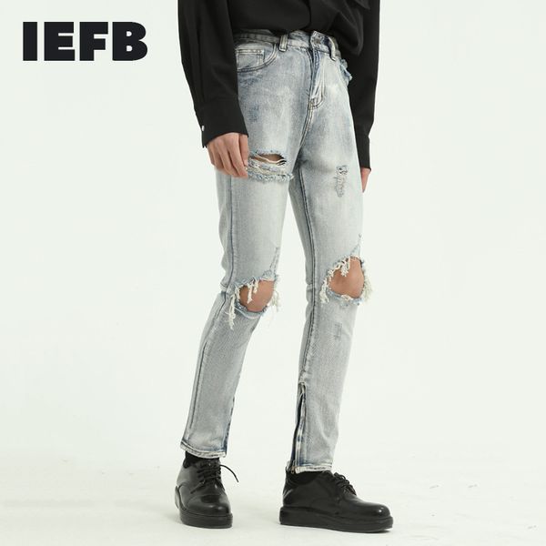 IEFB Herrenbekleidung High Street Hellblau Big Destroy Hole Jeans mit kleinem Bein Vent Zipper Bottoms Denim-Hose 9Y7124 210524