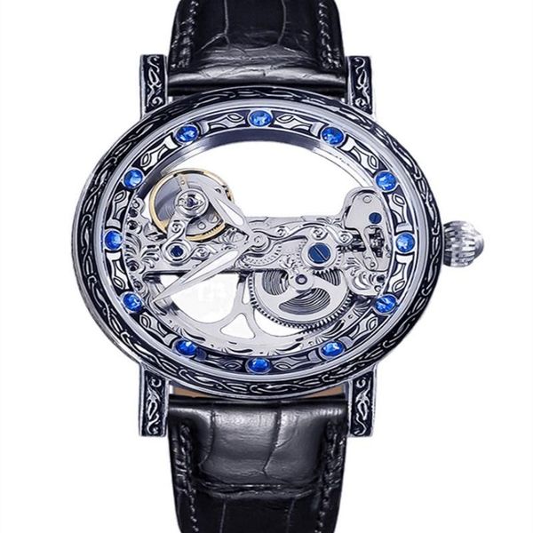 

skeleton double-sided transparent bottom men's watch automatic mechanical men watches waterproof luminous business wristwatch wristwatc, Slivery;brown