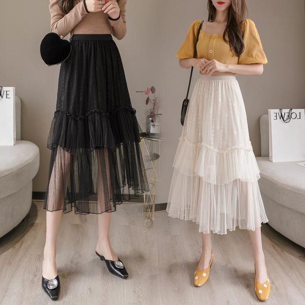 

skirts bud silk in spring and summer of 2021 female long tall waist a word show thin gauze skirt fairy cakes, Black