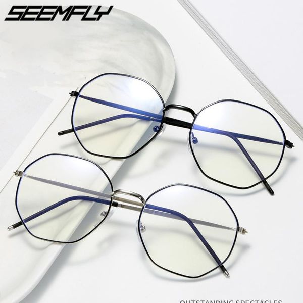 

fashion sunglasses frames seemfly anti blue light glasses men women metal polygon computer goggles eyeglasses plain mirror myopia spectacle, Black