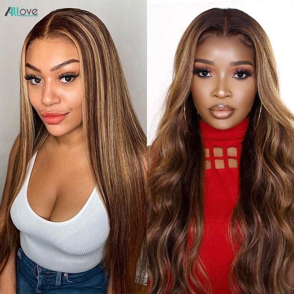 

allove 30 32 inch highlight 4/27 ombre colored wig brown color straight pre-plucked human hair wigs transparent hd lace front wig body wave, Black;brown