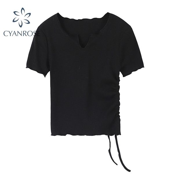 

summer solid slim crop t shirt women short sleeve streetwear rok drawstring lace up bodycon tees ladies elegant casual 210515, White
