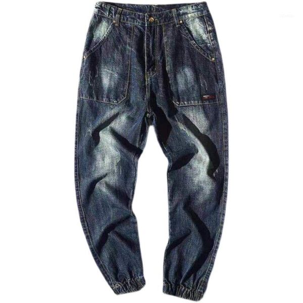 

men's jeans spring and autumn workwear denim casual foot slim pants elastic teenagers harem, Blue