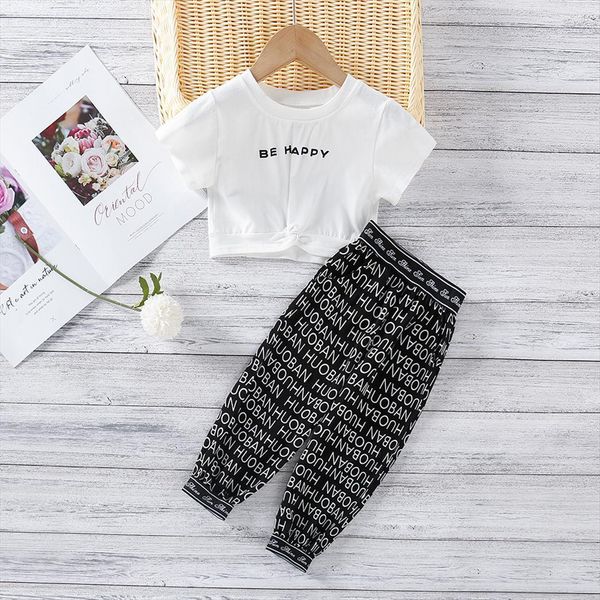 

2 7y fashion summer kids girls clothes sets letter printed short sleeve t shirts long pants, White