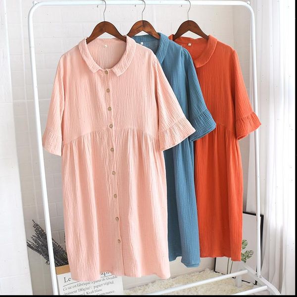 

summer 100% cotton nightdress women sleepwear half sleeve ruffled solid loose leisure night dress crepe fabric nightgown, Black;red