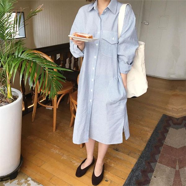 

casual dresses korean fashion collar retro split fork stripe dress autumn 2021 solid color single-breasted long sleeve, Black;gray