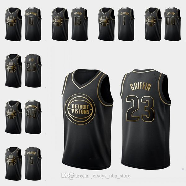 

detroitpistonsmen luke kennard blake griffin derrick rose andre drummond black custom golden edition jersey, Black;red