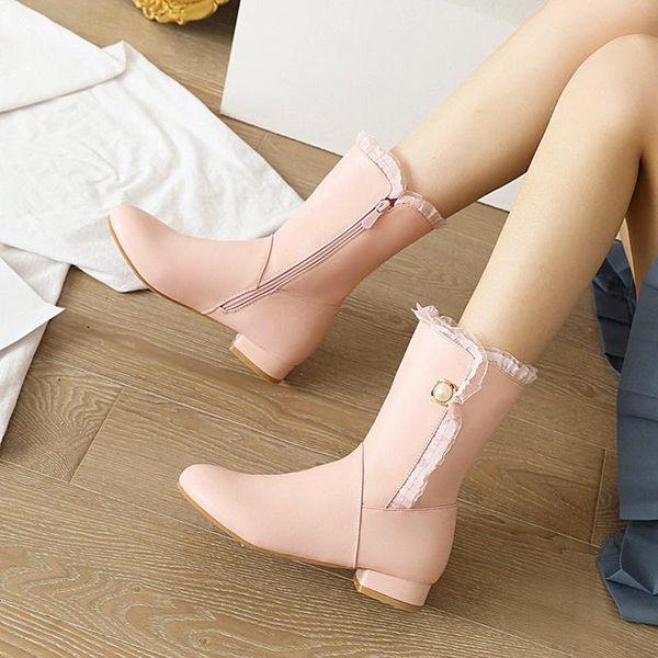 

boots cute student shoes with lotus leaf lace pearl round toe low heel short plush lining oversized mid-calf sweet, Black