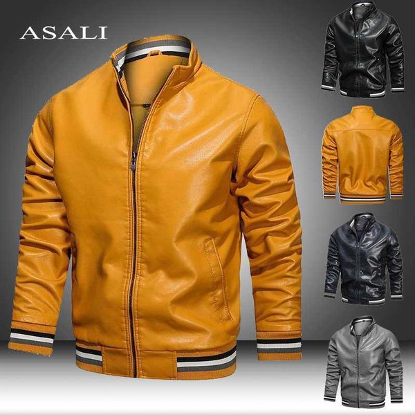 

autumn motorcycle leather jacket men collar solid color mens leather jacket casual zipper leather bomber jacket stand-up 211009, Black