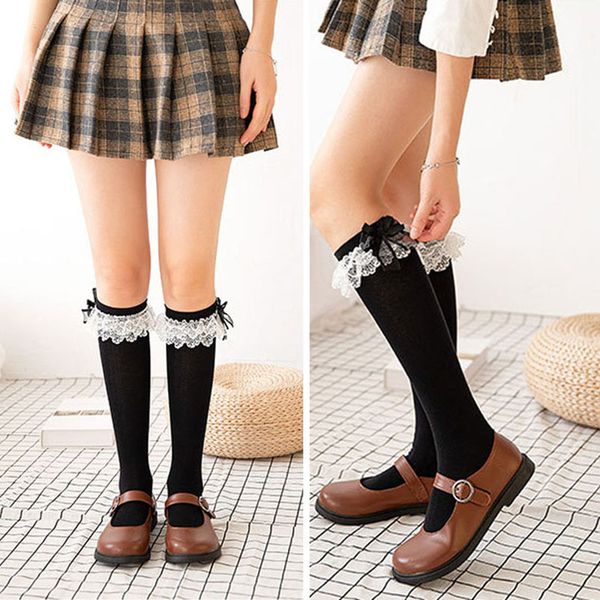 

sweet lace ruffle frilly knee high socks black white lolita women girls bowknot stockings soft cotton stretch long socks, Silver