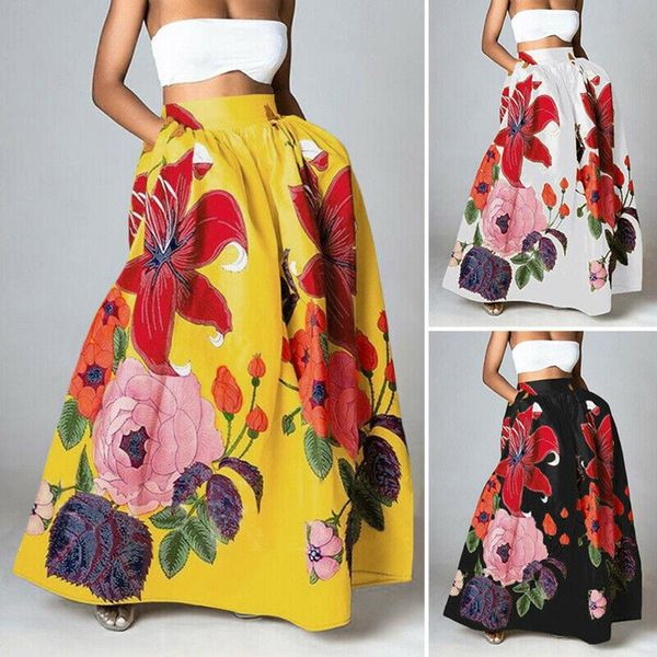 

skirts 2021 celmia fashion big floral printed women elegant high waist a-line long maxi skirt casual loose party holiday, Black