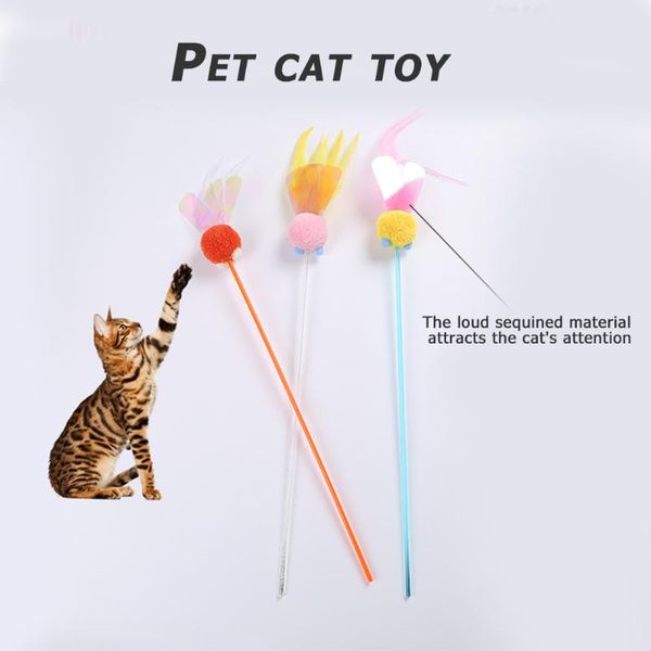 

cat toys red pink yellow kitten wand plush ball teasing pole with sequins feather squeak pet funny plastic healthier toy
