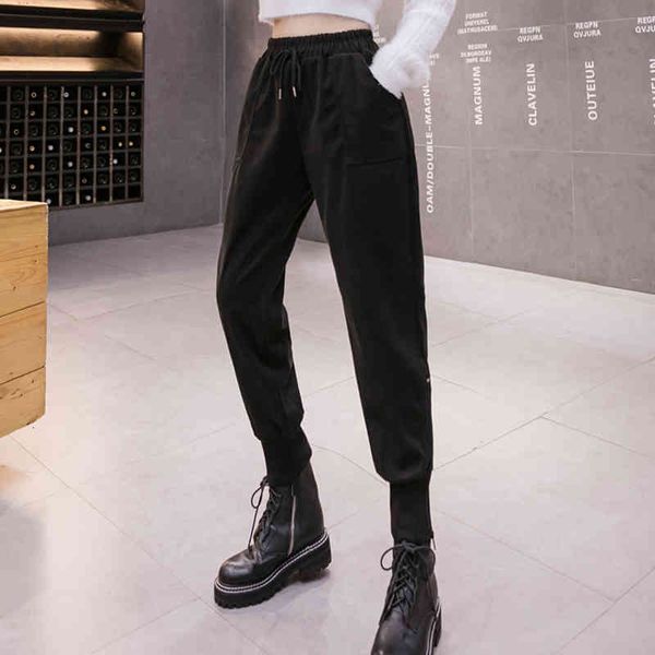

women's two piece pants pure cotton women winter thick black elastic high waist pocket harem casual fashion zipper female trouser, White